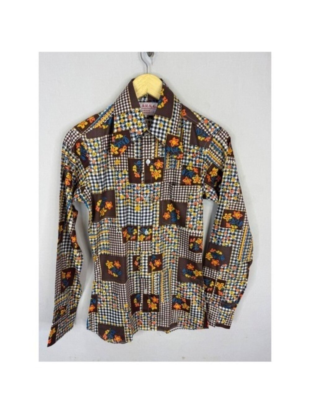 Vintage Ng Kee Patchwork Floral Gingham Disco Shirt Orange Retro 70s Woman S